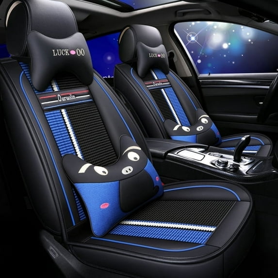 Maidao Car Seat Covers Leather Full Set for Honda for Passport 1993-Present 5 Seats Compatible Airbag Water Resistant Front Rear Cushion Protector with Pillow Black and Blue
