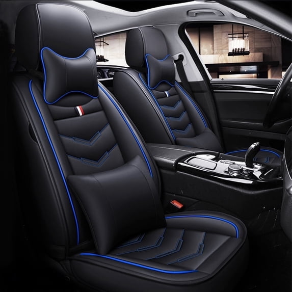 Maidao Car Seat Covers Leather Full Set for Honda for Pilot/MR-V 2003-Present 5 Seats Compatible Airbag Waterproof Front Rear Cushion Protector with Pillow Black and Blue