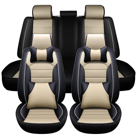 Maidao Car Seat Covers Leather Full Set for Mercedes-Benz for E350 2000-Present Waterproof Soft Front Rear Cushion Protector with Headrest and Pillow Black and Beige