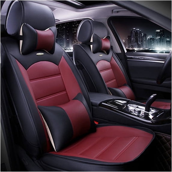 Maidao Car Seat Covers Leather Full Set for Peugeot for Bipper 2007-Present 5 Seats Compatible Airbag Water Resistant Front Rear Cushion Protector with Pillow Black and Wine Red