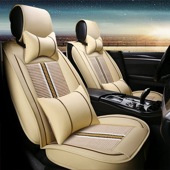 Maidao Car Seat Covers Leather Full Set for Opel for Agila 2000-2007 5 Seats Compatible Airbag Water Resistant Front Rear Cushion Protector Beige