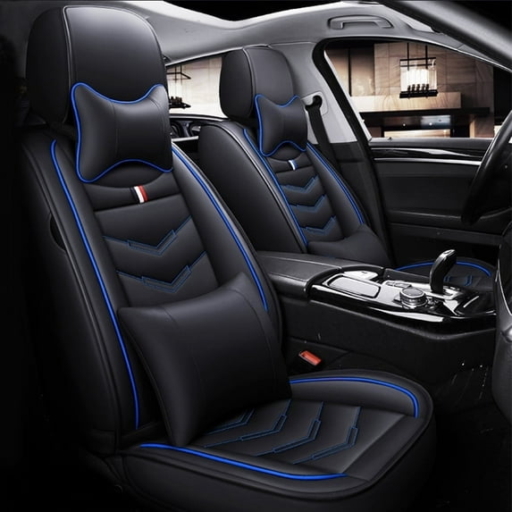 Maidao Car Seat Covers Leather Full Set for toyota for Land_Cruiser 1999-Present 5 Seats Compatible Airbag Water Resistant Front Rear Cushion Protector with Headrest Black and Blue