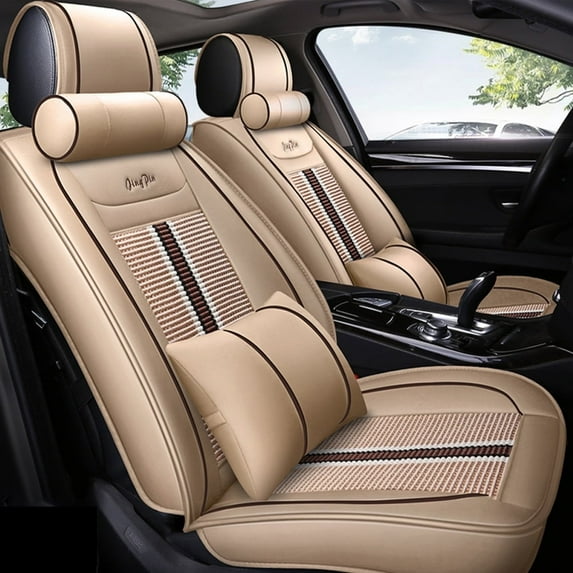 Maidao Car Seat Covers Leather for Porsche for Cayenne 2002-2010 5 Seats Airbag Compatible Waterproof Soft Front Rear Cushion Protector Full Set Beige