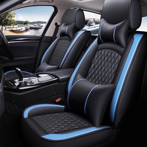 Maidao Car Seat Covers Leather Set for Jaguar for XE 2015-Present 5 Seats Compatible Airbag Waterproof Front Rear Cushion Protector with Headrest Black and Blue