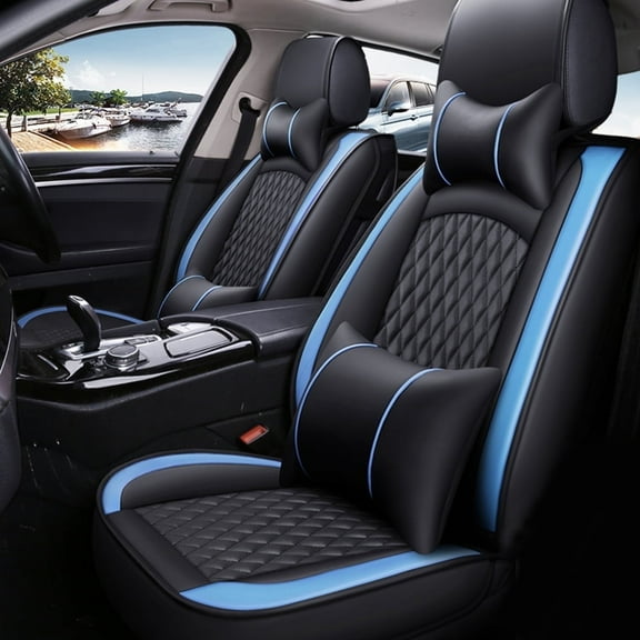 Maidao Car Seat Covers Leather Set for Mercedes-Benz for Vaneo 2004-2012 5 Seats Compatible Airbag Waterproof Front Rear Cushion Protector with Pillow&Headrest Black and Blue