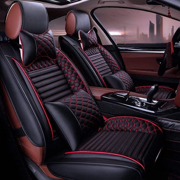 Maidao Car Seat Covers Leather Set for Opel for Calibra 1989-1997 5 Seats Compatible Airbag Water Resistant Front Rear Cushion Protector with Headrest Black and Red