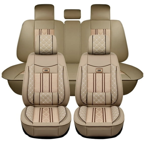 Maidao Car Seat Covers Leather Set for SEAT for Ateca/Cupra 2016-Present 5 Seats Compatible Airbag Water Resistant Front Rear Cushion Protector with Pillow Beige