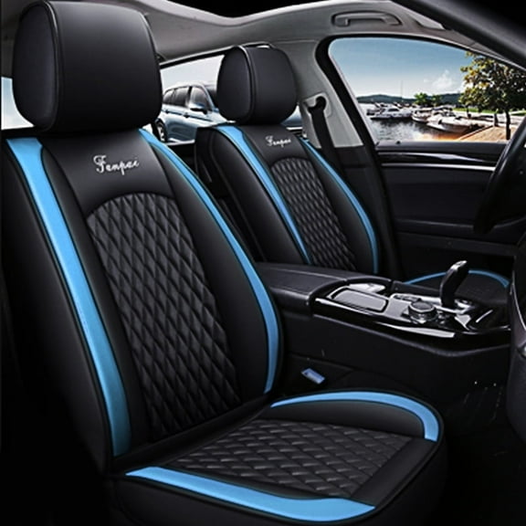 Maidao Car Seat Covers Leather Set for Volkswagen for Atlas Cross Sport 2020-Present 5 Seats Airbag Compatible Waterproof Front Rear Cushion Protector Black and Blue
