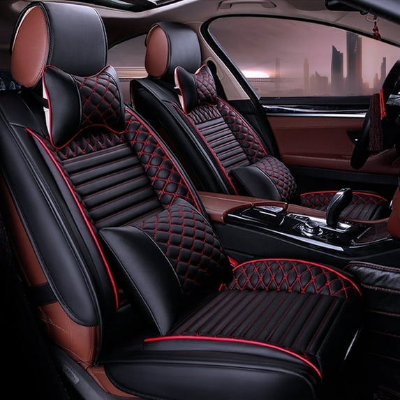 Maidao Car Seat Covers Leather Set for Volvo for S60 2001-2018 5 Seats Compatible Airbag Water Resistant Front Rear Cushion Protector with Headrest Black and Red
