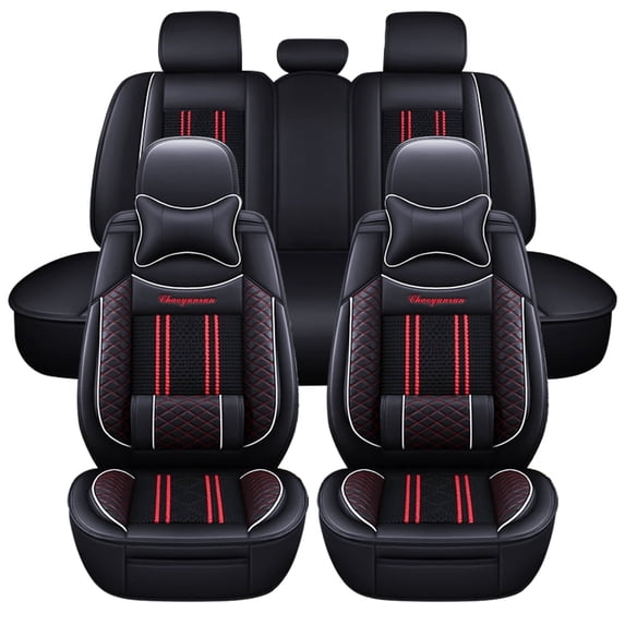 Maidao Car Seat Covers Leather Set for Jeep for Grand Cherokee 1992-Present 5 Seats Front Rear Cushion Protector with Headrest Black and Red