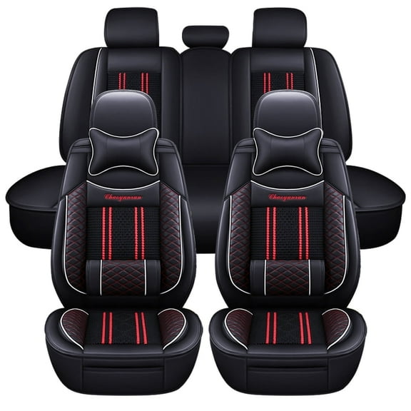 Maidao Car Seat Covers Leather Set for Volvo for S40 1995-2012 5 Seats Front Rear Cushion Protector with Headrest Black and Red