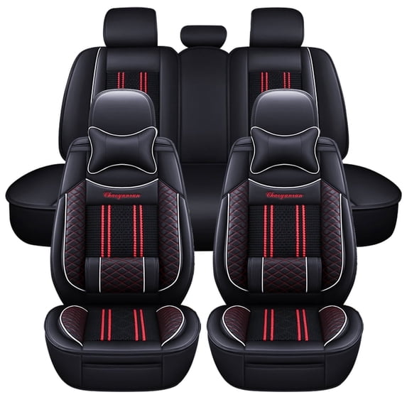 Maidao Car Seat Covers Leather for Mercedes-Benz for S420 1983-Present 5 Seats Water Resistant Front Rear Cushion Protector with Pillow Black and Red