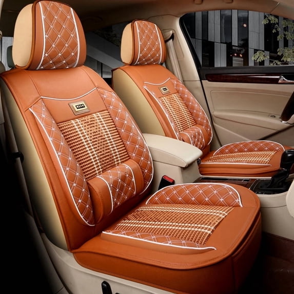 Maidao Car Seat Covers for Mercedes-Benz for E240 2000-Present Compatible Airbag Leather Waterproof Front Rear Cushion Protector Full Set with Headrest and Pillow Orange