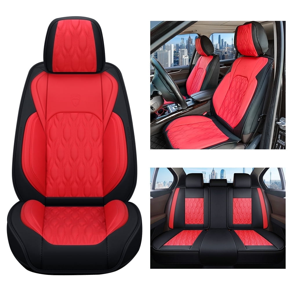 Maidao Car Seat Covers Set,5 Seats Breathable Faux Leather Seat Protectors Full Set, Universal Auto Seat Protectors Cushions, Auto Interiors Fit Most Cars SUV Trucks Black and Red