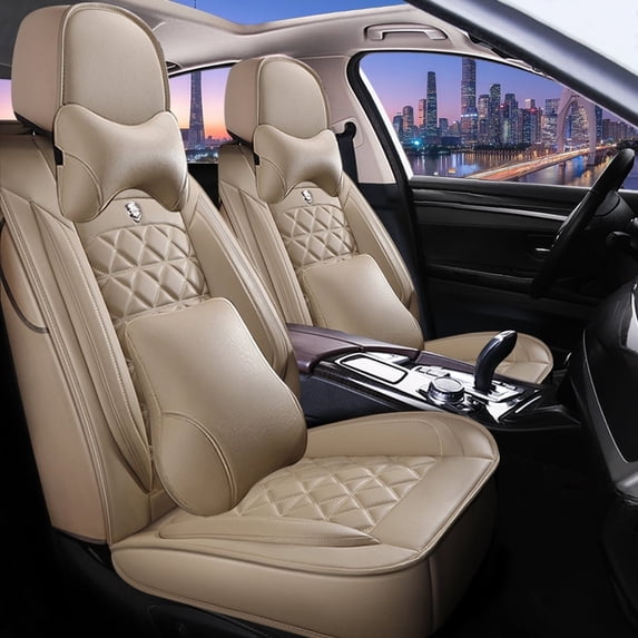 Maidao Car Seat Covers for Skoda for Rapid/Spaceback 2012-Present 5 Seats Leather Waterproof Front Rear Cushion Protector Full Set with Headrest Beige