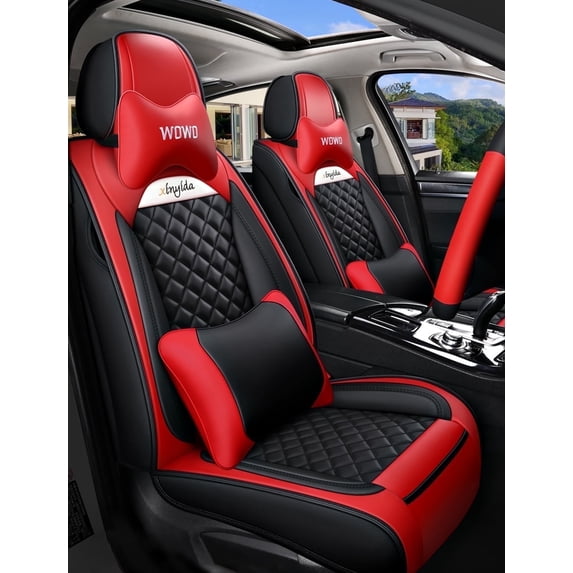 Maidao Car Seat Covers for Volkswagen for Taos 2018-Present Compatible Airbag Leather Waterproof Front Rear Cushion Protector Full Set with Headrest and Pillow