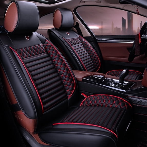 Maidao Custom Fit for Skoda for Fabia 1999-Present 5 Seats Car Seat Cover Faux Leather Full Set,Compatible Airbag Fit For Split Back Seat Cushion Black and Red