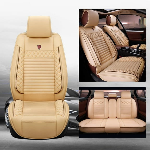 Maidao Five Seat Covers PU Leather Seat Cover Full Set Front Rear Seat Protection Cushions Waterproof Suitable for All Seasons Beige