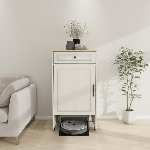 Maidao Robot Vacuum Stand Cabinet with Wheels Sweeping Robot Storage Rack Doors Drawers Side Table Antique White