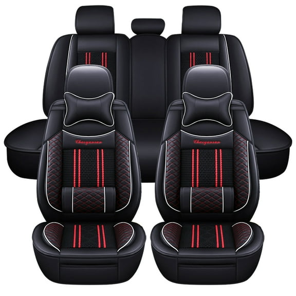 Maidao Sets Front Back Bottom Car Seat Water Proof for Jeep for Renegade 2014-Present 5 Seats Seat Covers Leather Black and Red