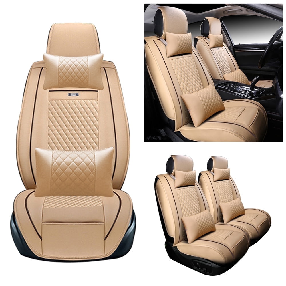 Maidao Universal Faux Leather Car Seat Covers Full Set,Auto Interior Accessories 5 Seat Covers All Season Fit for SUV,Sedan,Van, Airbag Compatible with Pillow Beige