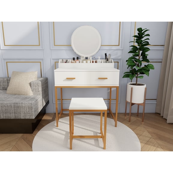 Maidao Vanity Set with Mirror Stool Makeup Table Storage Drawers Organizer White Gold Space-Saving for Small Bedrooms