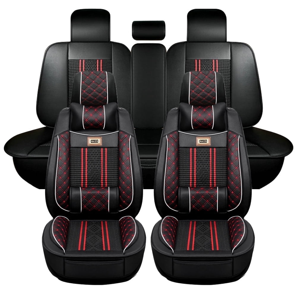 Full Set 5 Car Seat Covers For Acura TL 2004-2008 – PU Leather, Black With Red Line, Front + Rear