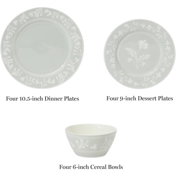 Maiden 12-Piece Green Bone China Dinnerware Set with Floral Design for 4
