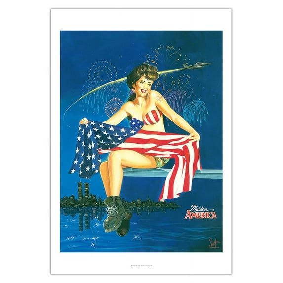 Maiden America - Patriotic Pin-up Girl with American Flag - From an Original Color Painting by Scott Westmoreland - Fine Art Matte Paper Print (Unframed) 30x44in