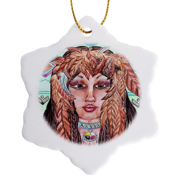 3drose, Maiden of the Red Tailed Hawk, 3 inch Snowflake Porcelain Ornament