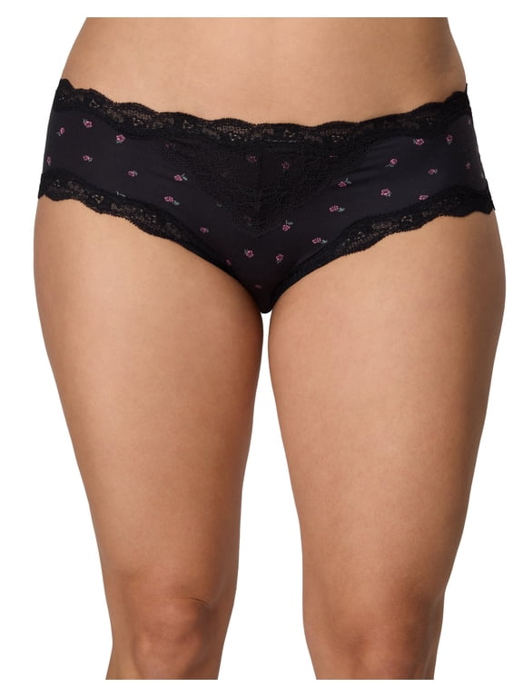Cheeky Hipster Underwear, Lace & Soft Microfiber Black Rosebud Romance Print XL Women's
