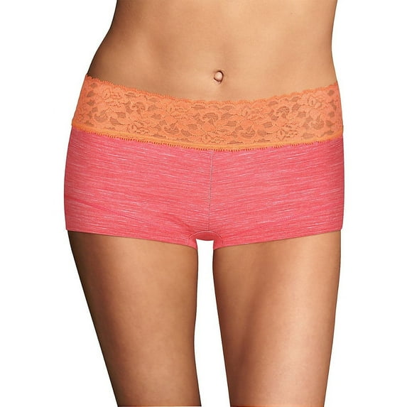 Maidenform Cotton Dream Boyshort With Lace - Size - 8 - Color - Briny Pink Heather w/Sherbert Orange