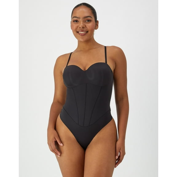 Maidenform Multiway Tummy Control Shapewear Thong Bodysuit, Built-in Balconette Bra Black 2XL Women's