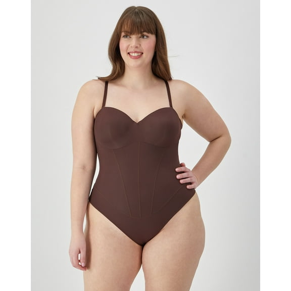 Maidenform Multiway Tummy Control Shapewear Thong Bodysuit, Built-in Balconette Bra Just Brown L Women's
