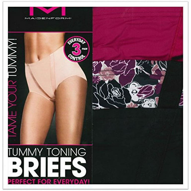 Maidenform Ladies Tummy Toning Briefs 3-Pack (Cotton,Plain) (2X-Large,  Rosey Rouge, Edgy Floral, Black)