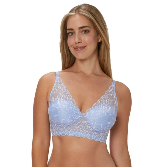 Maidenform Wireless Bralette, Pure Comfort Lace Longline, Convertible Bra for Women, High As The Sky Blue/White