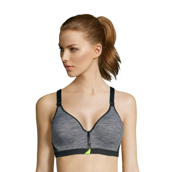 Maidenform Sport Secure Zip™ Front Underwire Racerback Charcoal Heather/Reflector Green 34D Women's