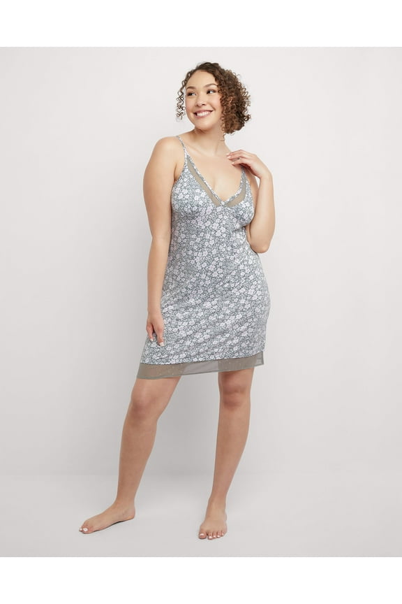 Strappy Tank Chemise with Mesh Detail - Grey/White Floral - Women's Size 1X