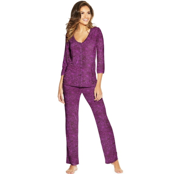 Maidenform Womens Lace Trim PJ Set, L, Purple Floral