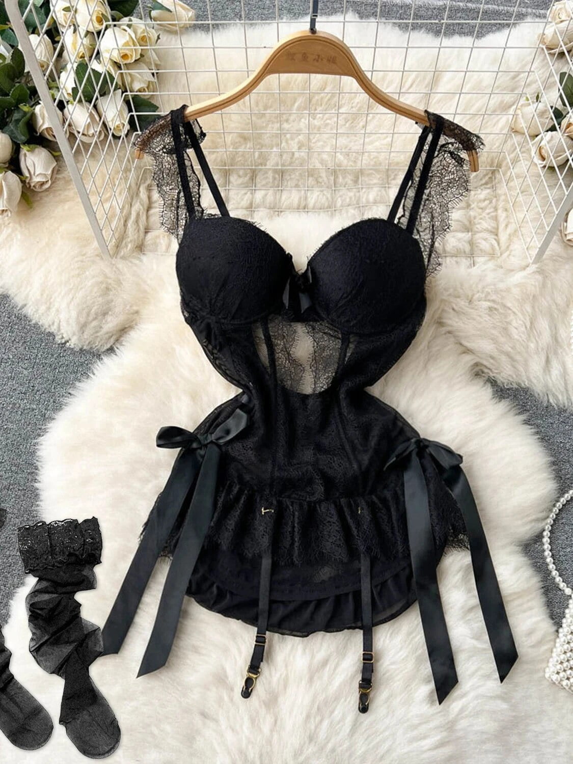 Maidservant Apron Dress Ladies Lace Sweet Erotic Three Pieces Sets Fashion  Korean Style Plaid Cosplay Sexy Night Suits