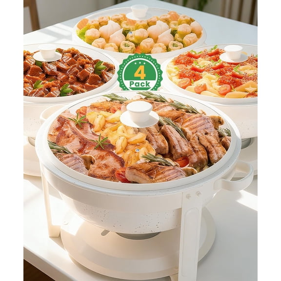 Maifanite-Coated Chafing Dishes for Buffet of 4, White Chafing Dish Buffet Set, 5.3QT Stainless Steel Chafer Set, Roll Edge Food Warmers for Parties, Wedding, Birthday, Church Events, Catering