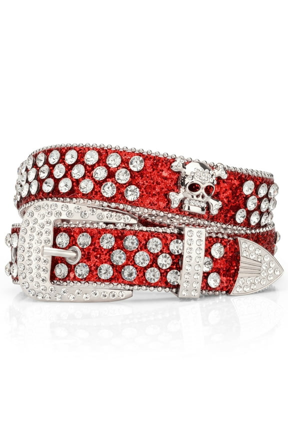 Head Skull Buckle Belts for Mens & Womens Shinning Rhinestone Red Belts for Waist Size 35-38"