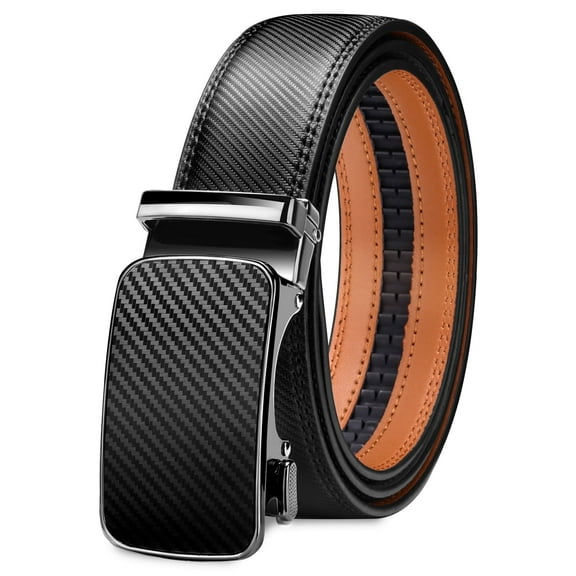 Maikun Leather Belts for Men Automatic Ratchet Buckle Slide Black Belt Suitable for Waist Size 33"-38"