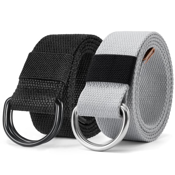 Maikun Mens & Womens Canvas Belt Black Double Ring Buckle Belt 2pc Belts fit for waist size 47" and below