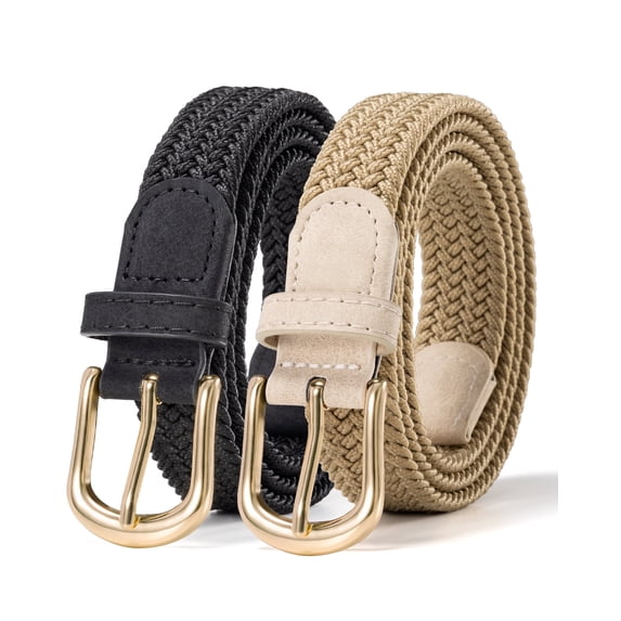 Maikun Women Belts Elastic Braided Woven Belt for Women 2pc Black Khaki Belt for Casual