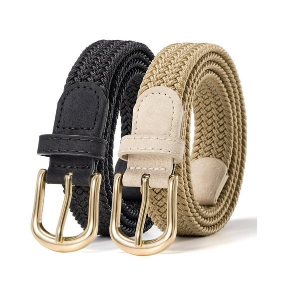 Maikun Women Belts Elastic Braided Woven Belt for Women 2pc Black Khaki Belt for Casual