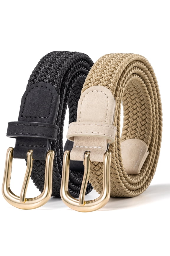 Women Belts Elastic Braided Woven Belt for Women 2pc Black Khaki Belt for Casual