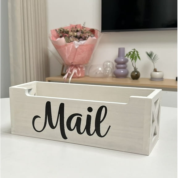 Mail Holder Storage Organizer Box Wood with MAIL Script Design, Desktop Letters, Bills, Notes and Postcard Bin for Home Office Dorm Room