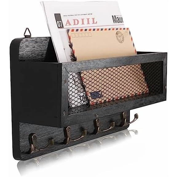 Mail and Key Holder for Wall Decorative, Wooden Wall Mount Key Rack Hanger Organizer with 4 Double Key Hooks, Rustic Home Decor for Entryway Hallway, Black