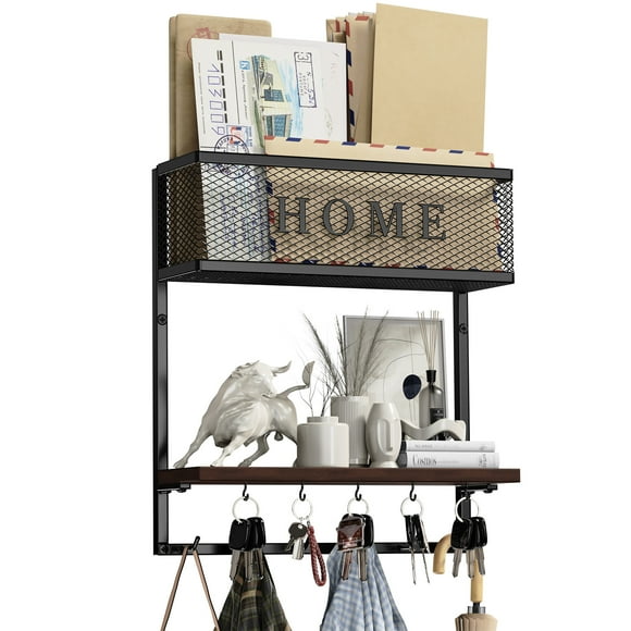 Mail and Key Holder Wall Mount, Entryway Wall Organizer for Keyholder, Metal Key Hanger with Mail Organizer Basket, 4 In 1 Key Rack with Wooden Shelf and 11 Hooks for Home Decor